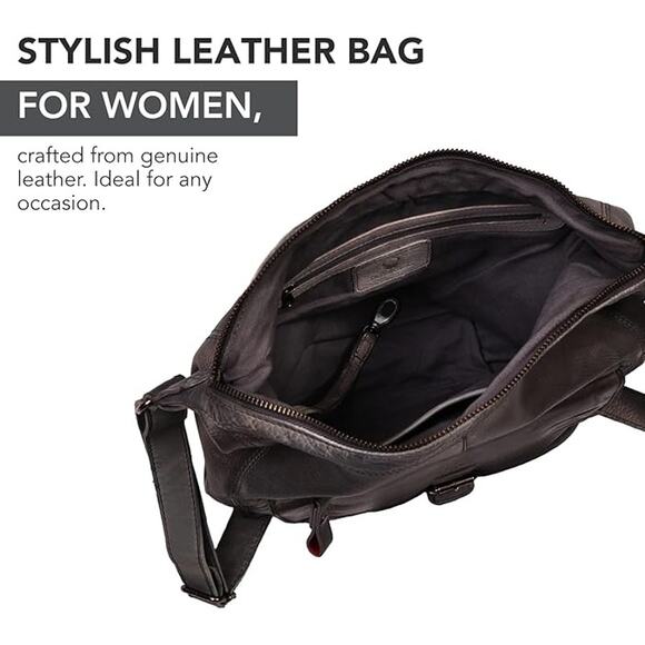 Genuine Leather Ladies Handbag Vintage Design Long Straps Shoulder Bag Black - Picture 6 of 7